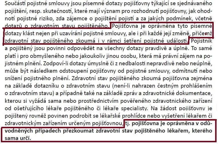 Ukázka pojistných podmínek týkajících se přezkoumání zdravotního stavu